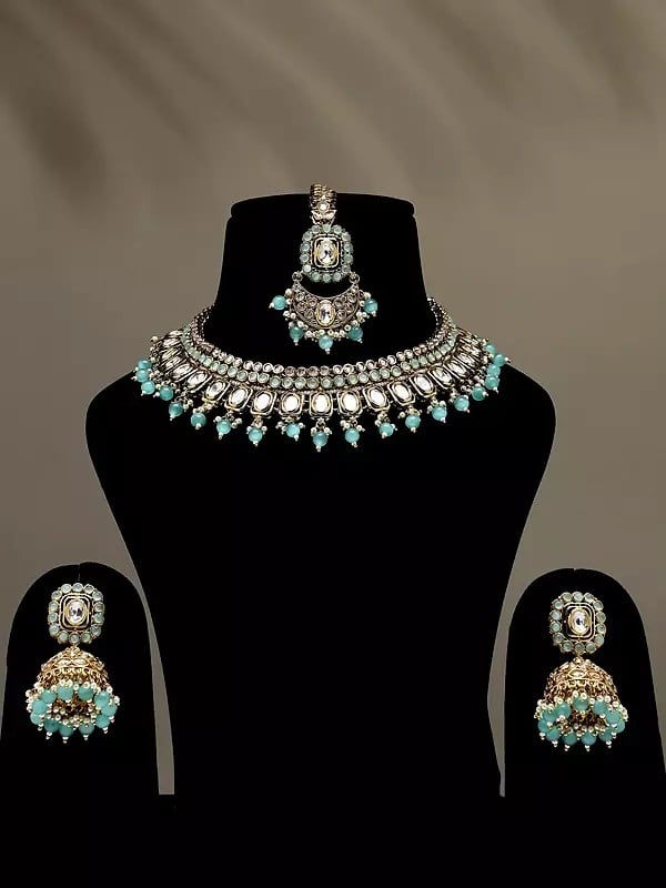 Stone Studded Necklace with Earrings and Mangtika Set with Beads Drop