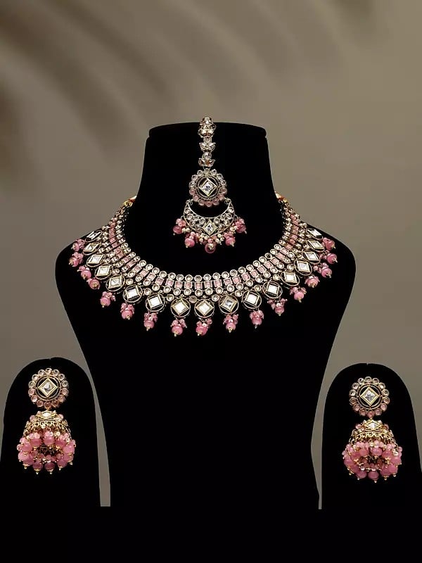 Stone Studded Necklace with Earrings and Mangtika Set with Beads Drop