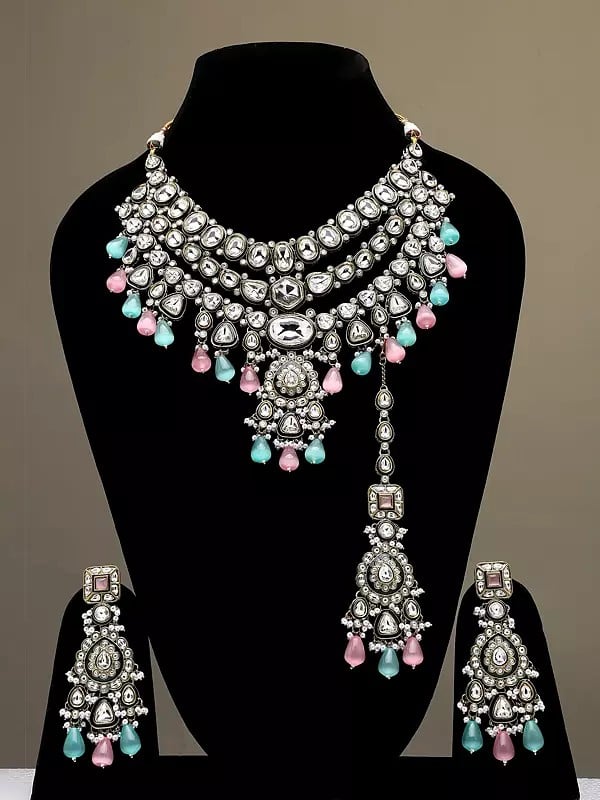 Kundan Studded Three Layered Necklace Set with Earrings and Mangtika with Beads Drop