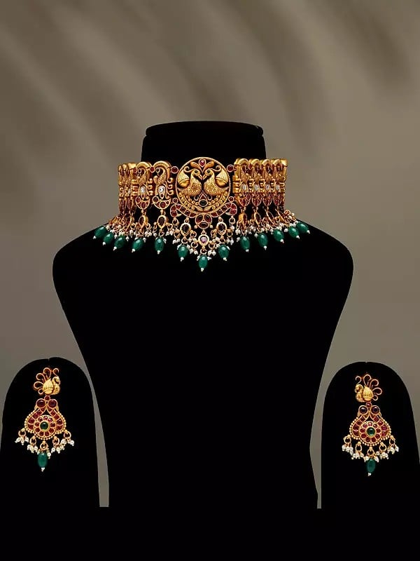 Traditional South Indian Style Peacock Choker with Earrings Set