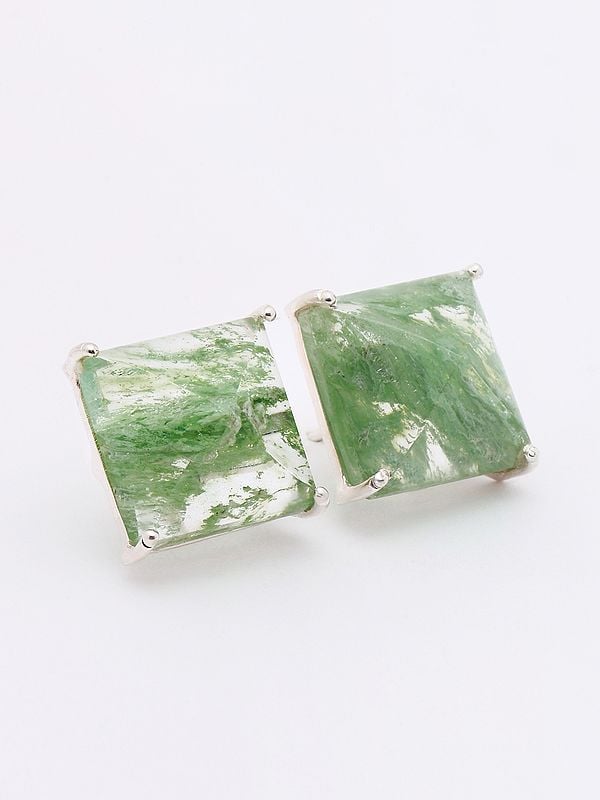 Square Shaped Aqua Crackle Gemstone Stud Earrings