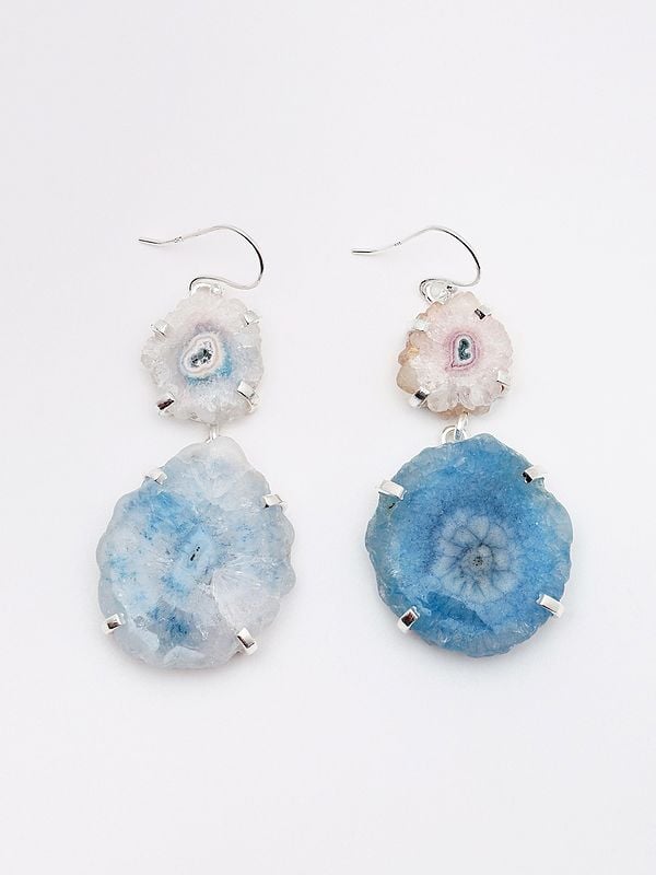 White Solar Druzy and Blue Solar Druzy Dangle Earrings