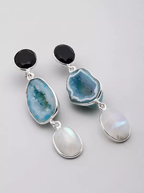 Black Onyx and Blue Solar Druzy Earrings with Rainbow Moonstone Drop