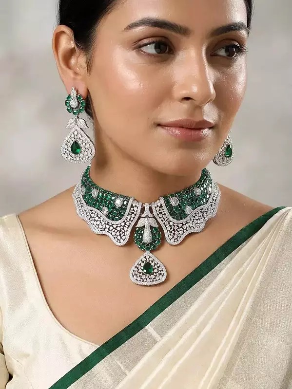 Statement Peacock Choker and Earring Set with Green Stones