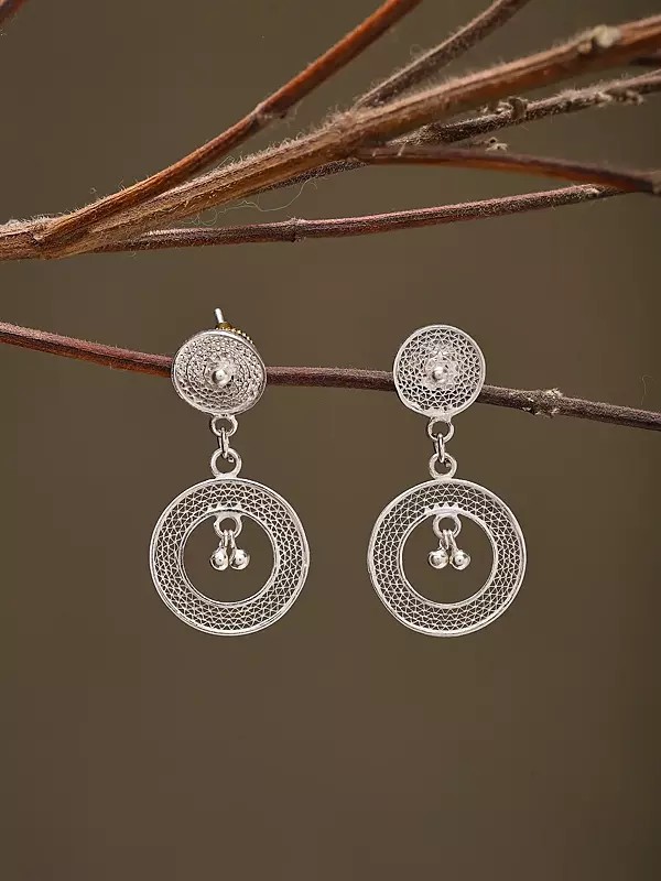 Round Shape Tarakasi Filigree Silver Earrings with Ghungroo