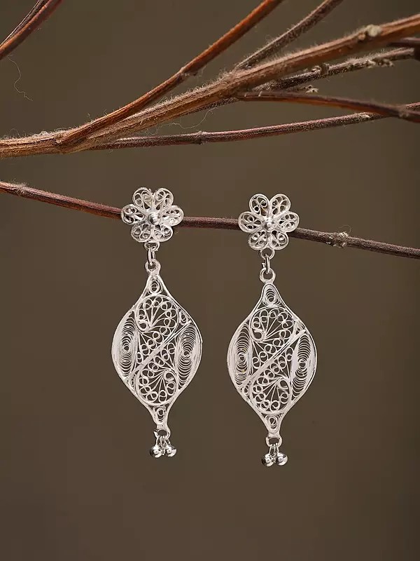 Sterling Silver Filigree Earrings with Flower Motif and Ghungroo Bells