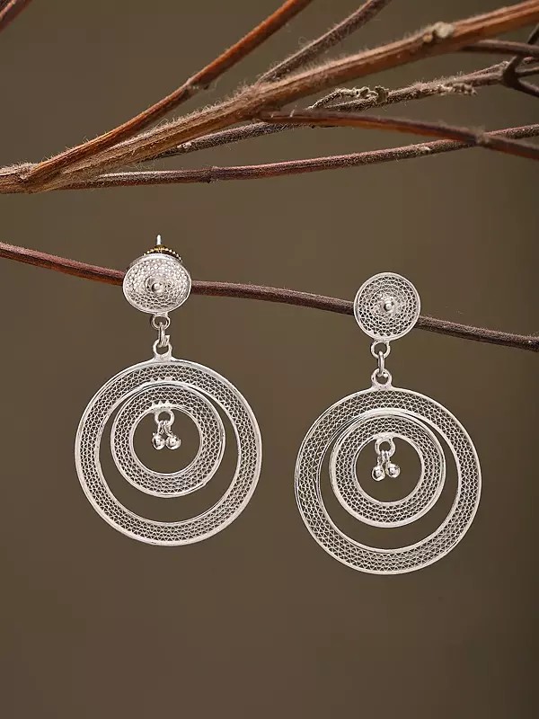 Sterling Silver Double Circle Filigree Earrings with Ghungroo Bells