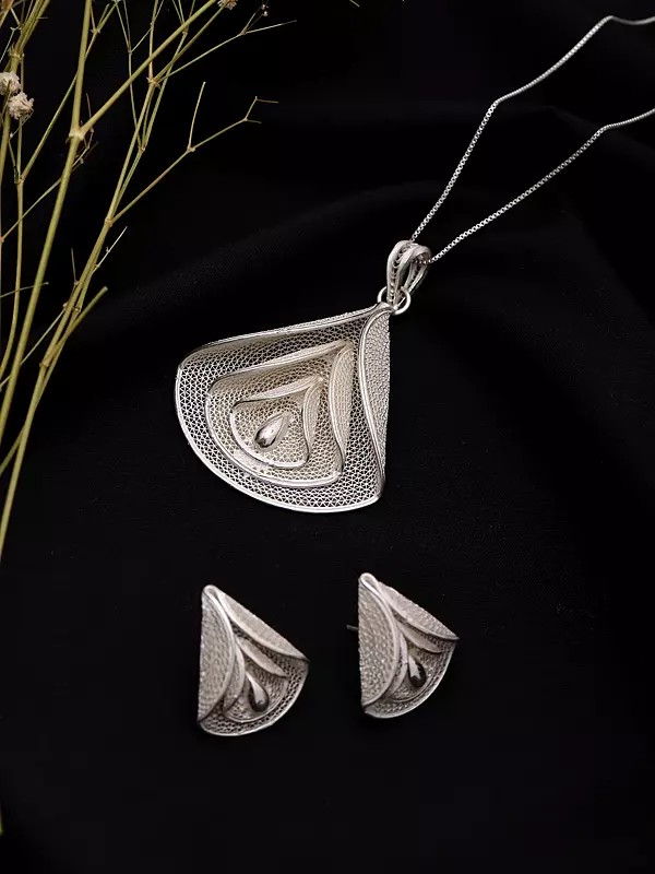 Sterling Silver Filigree Pendant and Earrings Set
