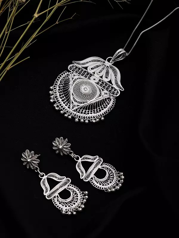 Sterling Silver Filigree Pendant and Earrings Set