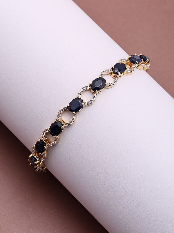 Faceted Blue Sapphire Sterling Silver Bracelet with Cubic Zirconia Accents