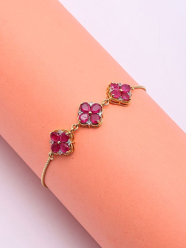 Sterling Silver Bracelet with Ruby Flower Design & Diamond Accents