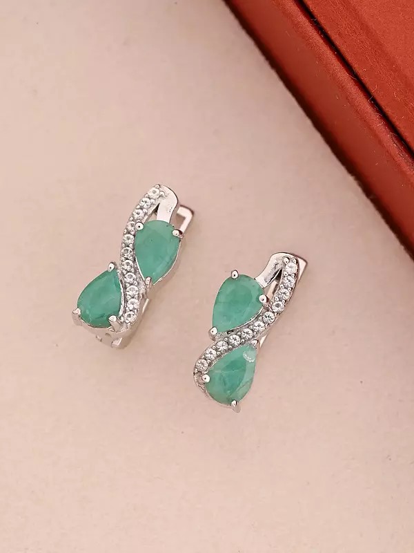 Pear-Cut Emerald Sterling Silver Stud Earrings with Cubic Zirconia