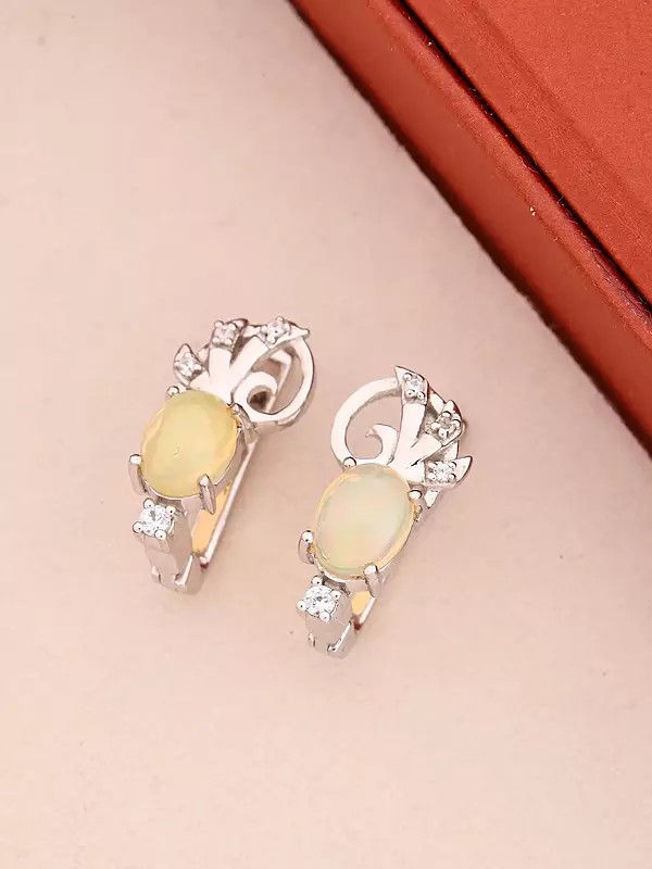 Sterling Silver Ethiopian Opal Stud Earrings with CZ Accents