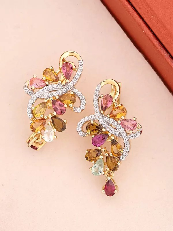 Elegant Stud Earrings: Sterling Silver, Mixed Gemstones & Cubic Zirconia