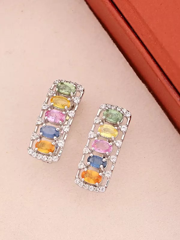 Rectangular Multi-Gemstone Sterling Silver Stud Earrings