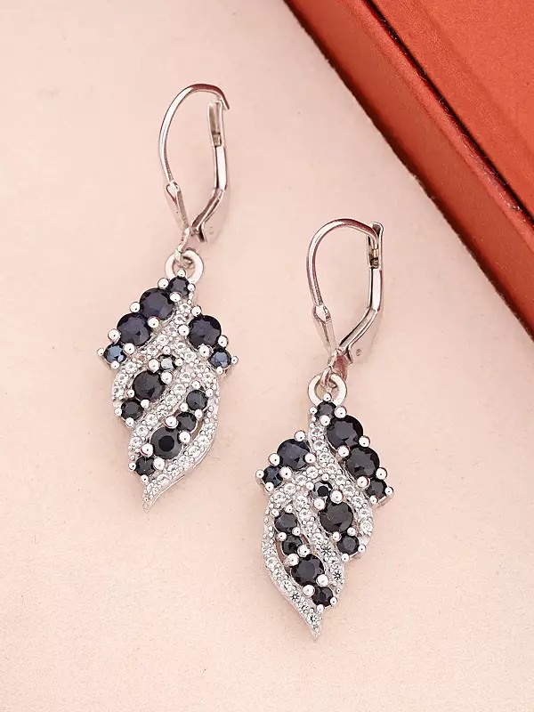 Sapphire and Cubic Zirconia Leaf Design Drop Earrings in Sterling Silver