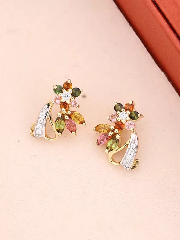 Sterling Silver Stud Earrings with Multi-Color Tourmaline Floral Accents