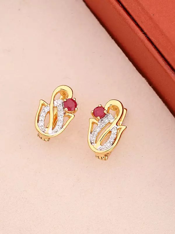 Sterling Silver Stud Earrings with Faceted Rubies and Diamonds