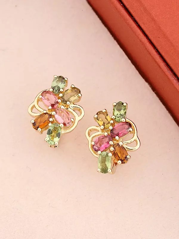 Tourmaline Floral Sterling Silver Stud Earrings - Multi-Color