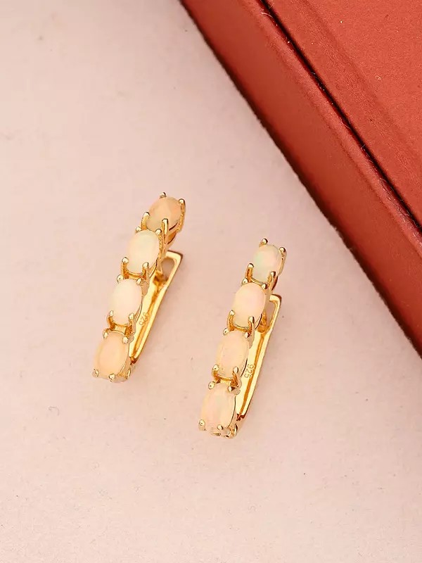 Ethiopian Opal Row Design Sterling Silver Stud Earrings