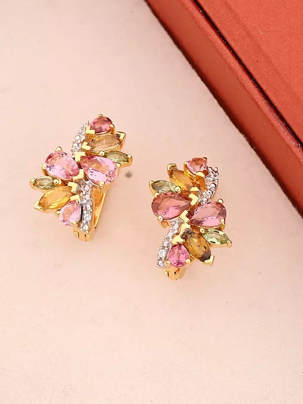 Sterling Silver Stud Earrings with Multi-Color Tourmaline