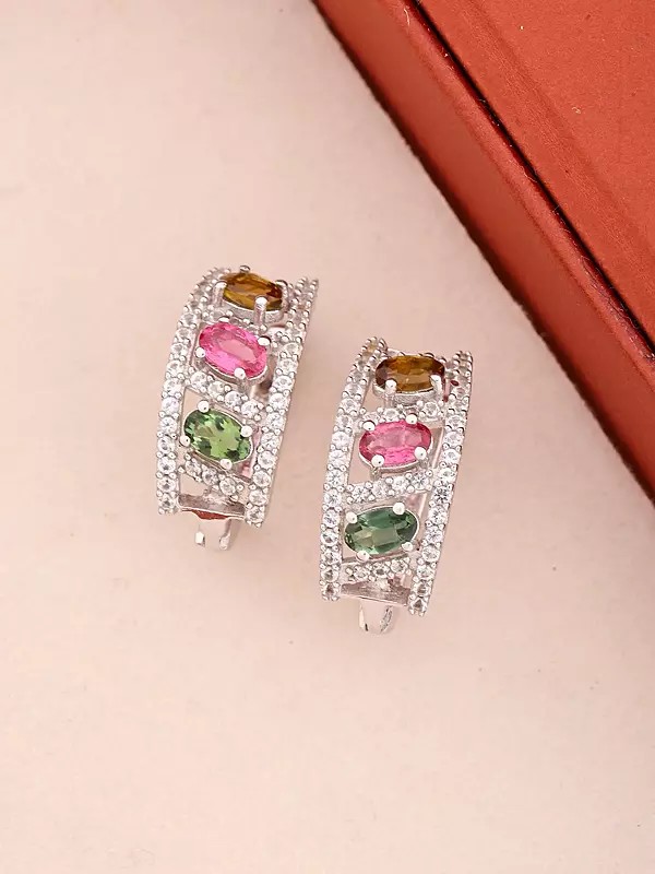 Multi-Color Tourmaline Sterling Silver Hoop Earrings