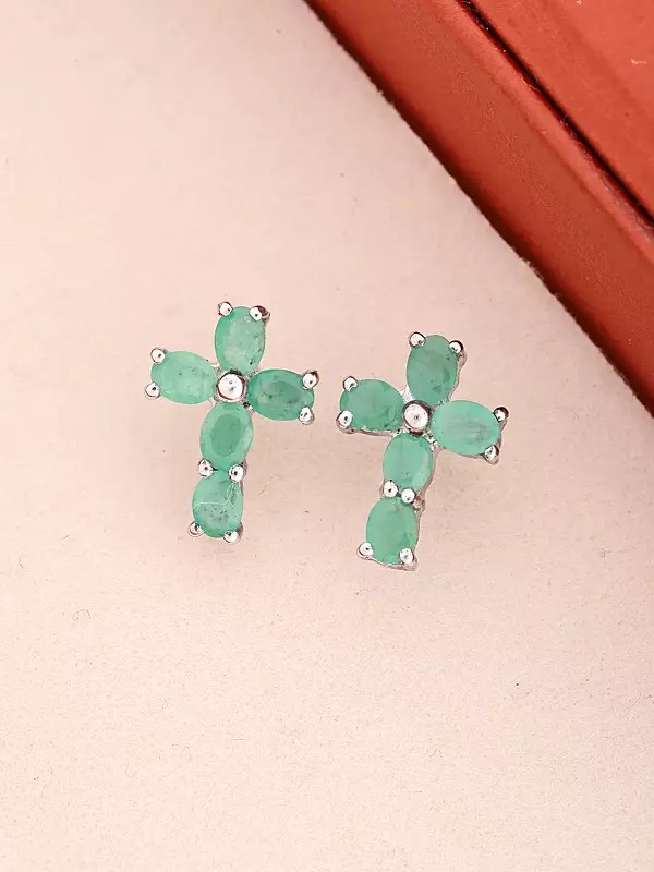 Sterling Silver Emerald Cross Stud Earrings