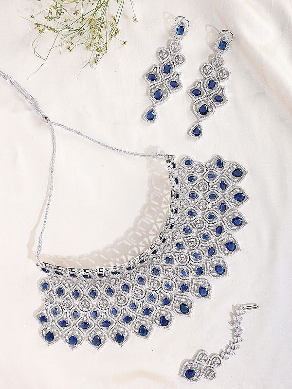 Royal Blue American Diamond Bridal Necklace Set with Maang Tikka