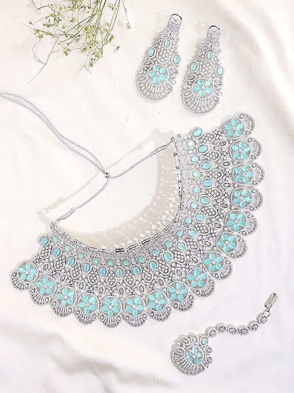 Statement Bridal Jewelry Set with Blue Crystal Accents and Maang Tikka