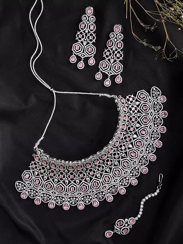 Teardrop American Diamond Bridal Necklace Set with Maang Tikka