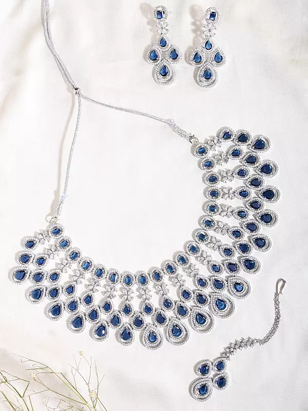 Blue Stone Statement Necklace Set with Maang Tikka and Earrings