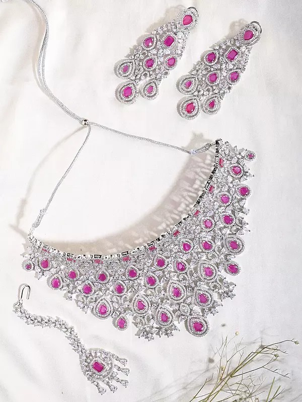 Statement Jewelry Set: Necklace, Earrings & Mangtika with Pink Stones