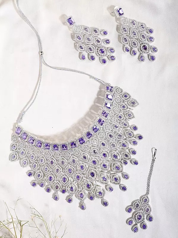 Purple American Diamond Bridal Necklace Set with Mang Tika