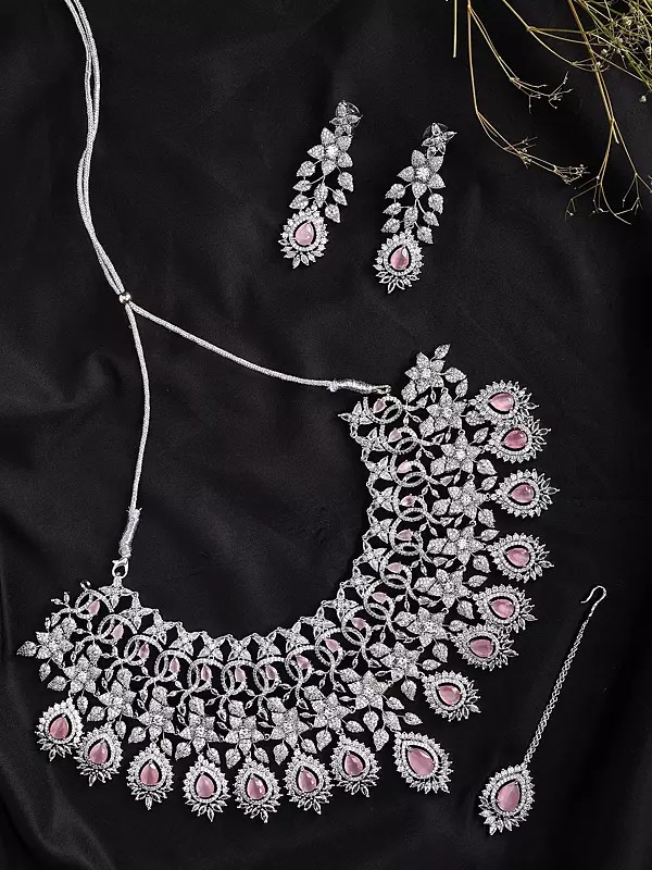 Bridal Choker Necklace Set with Pink American Diamonds and Maang Tikka