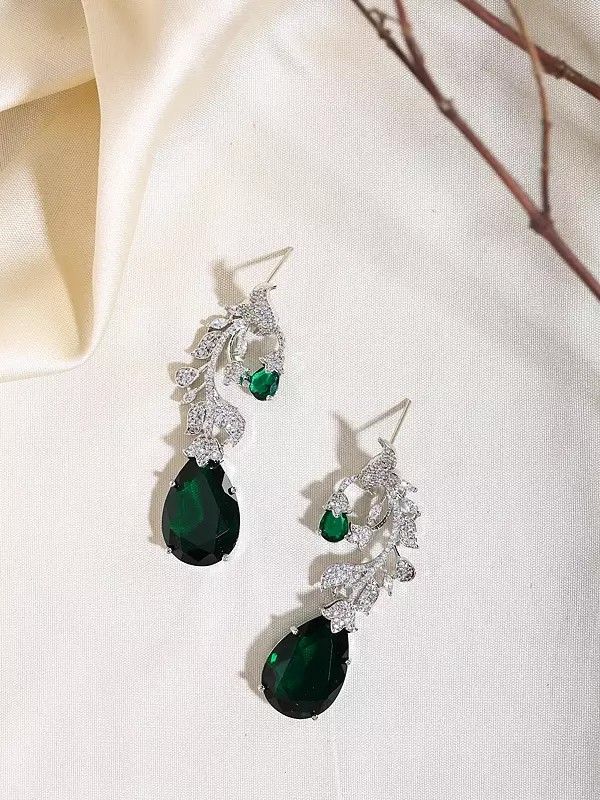 Floral Design American Diamond Earrings with Green Gemstone Drop