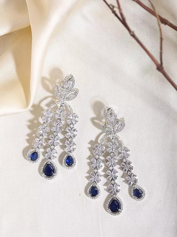 American Diamond Floral Dangle Earrings with Red Pear Drops