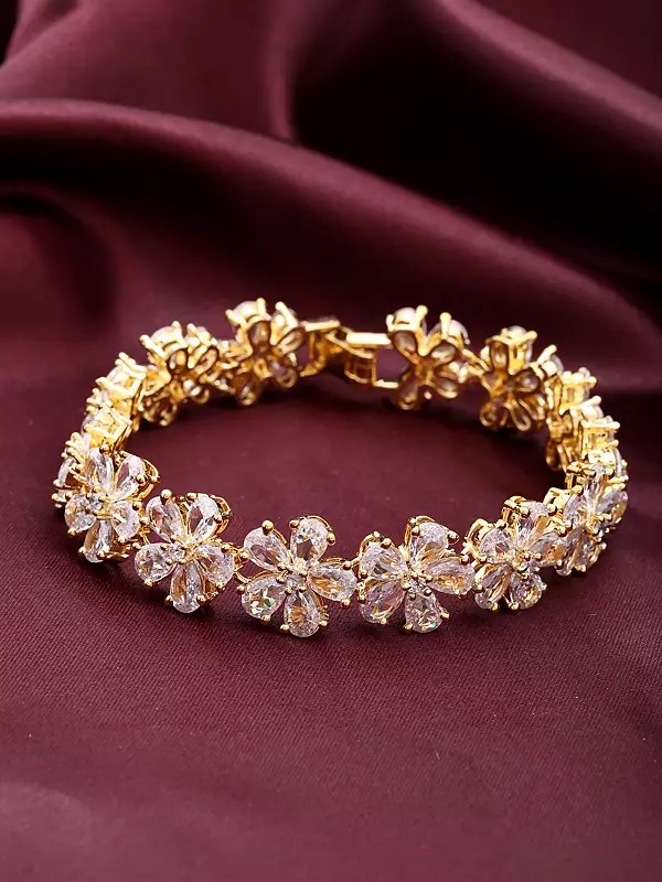 Gold Finish Bracelet Featuring Cubic Zirconia Blooms