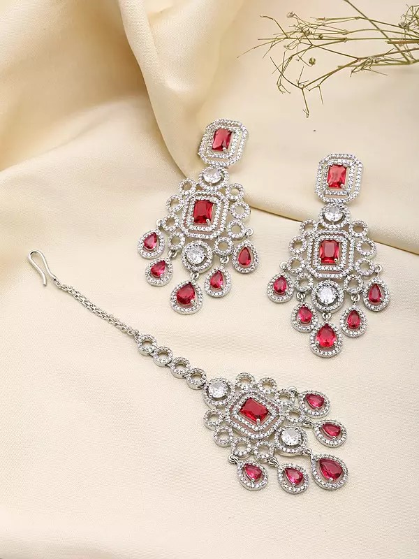 Stunning American Diamond and Red Stone Jewelry Set: Earrings and Maang Tikka