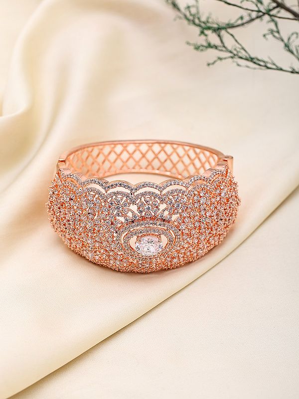 Rose Gold Finish Stone Studded American Diamond Cuff Bracelet