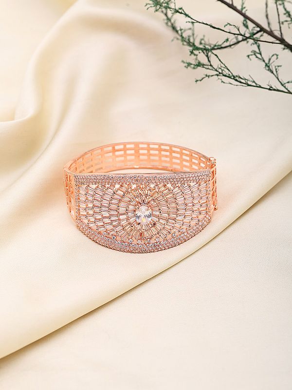 Rose Gold Finish Sunburst Design American Diamond Cuff Bracelet