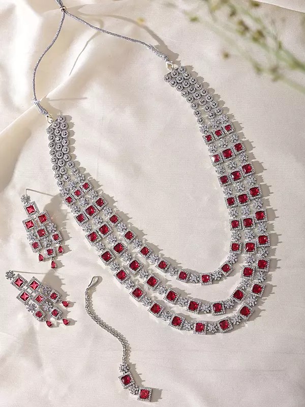 Square-Cut American Diamond Multi Strand Bridal Necklace Set