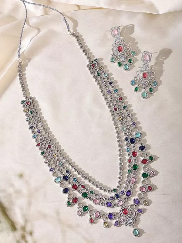 Multi-Strand Navratna Style American Diamond Bridal Necklace Set with Statement Earrings