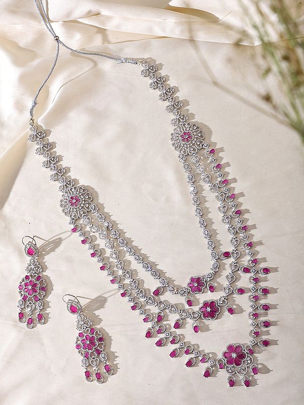 Floral Design Multi Strand American Diamond Bridal Necklace Set