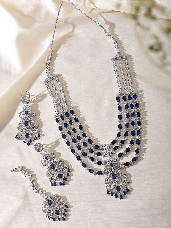 Multi Strand Oval Cut American Diamond Bridal Necklace Set with Maang Tikka