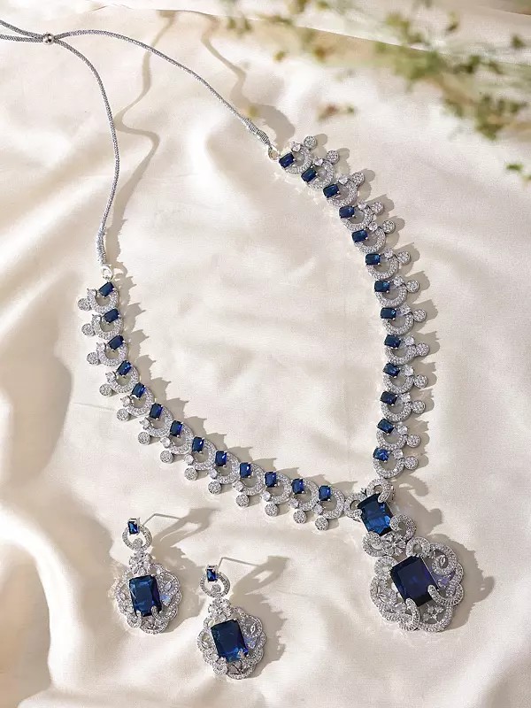 Stone Studded American Diamond Necklace Set with Matching Earrings