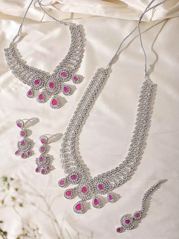 Stone Studded American Diamond Bridal Necklace Set with Matching Earrings and Maang Tikka