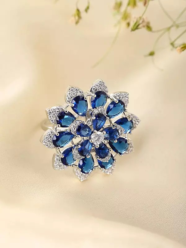 Floral Bloom Stone Studded Adjustable-American-Diamond Ring