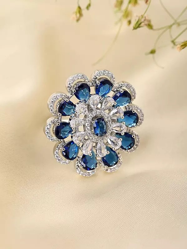 Floral Halo Design Adjustable American Diamond Statement Ring