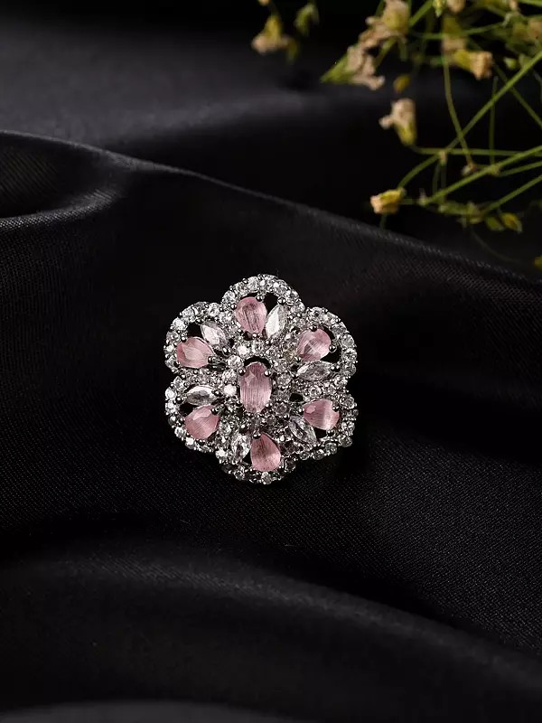 Pink Stone Studded Adjustable American-Diamond Statement Ring