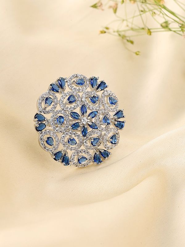 Blue Stone Floral Cluster American-Diamond Adjustable Statement Ring
